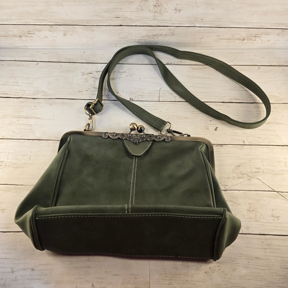 Ivy & Fig Olive Green Vegan Leather Kiss Lock Crossbody Doctor Bag Filigree